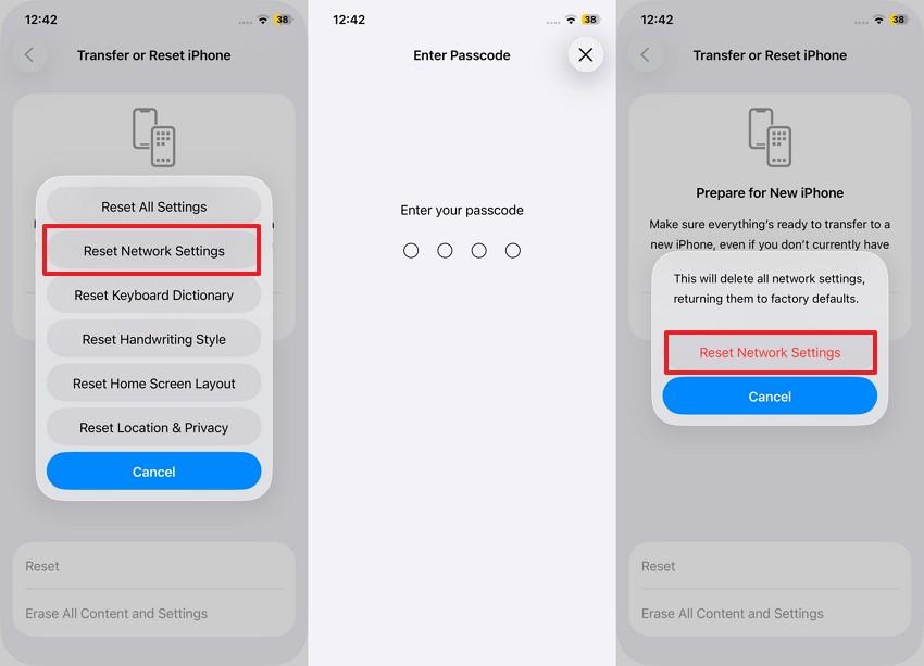 enter code and reset network settings