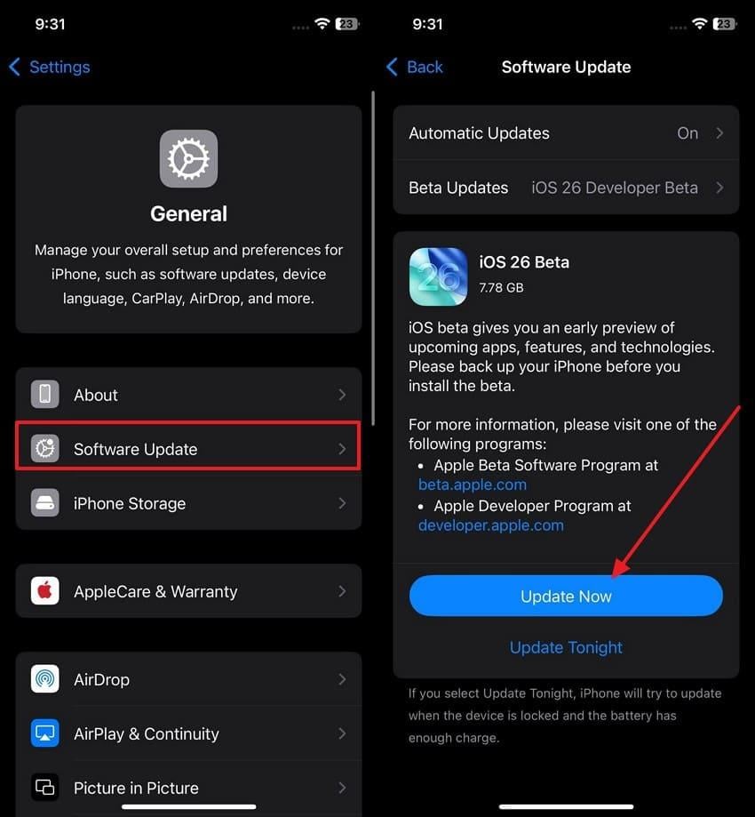 update now button iphone