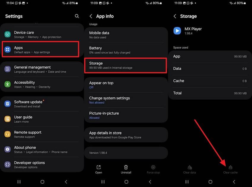 choose clear cache from storage