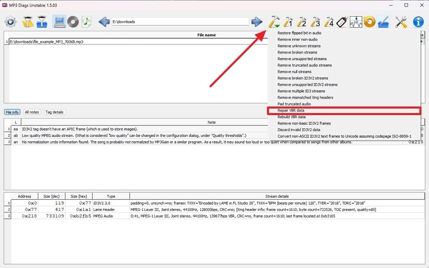 select vbr repair data