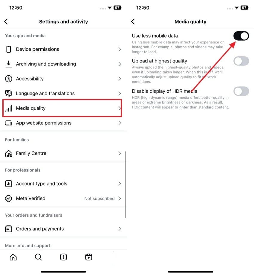 use less mobile data option