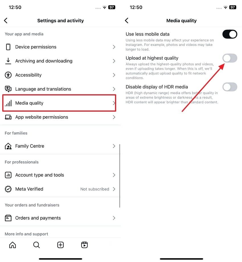 choose upload at highest quality option