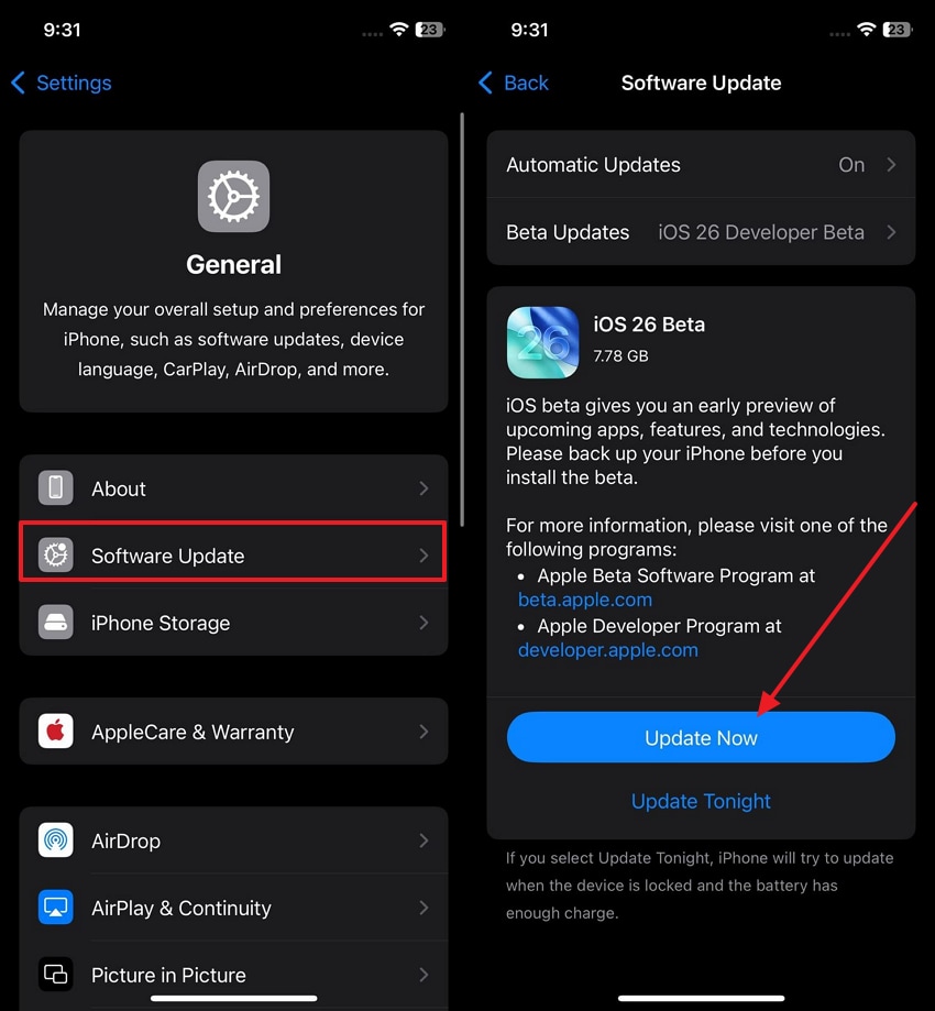 pick the update now option