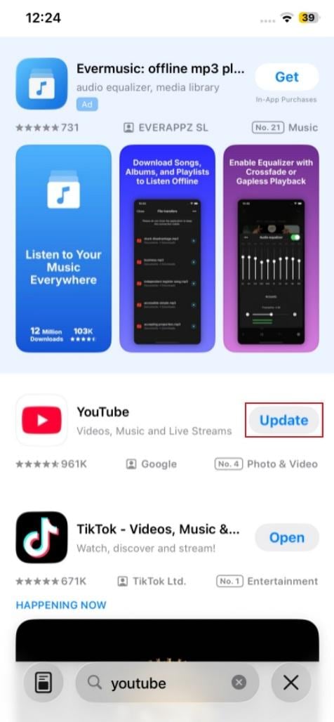update youtube ios app