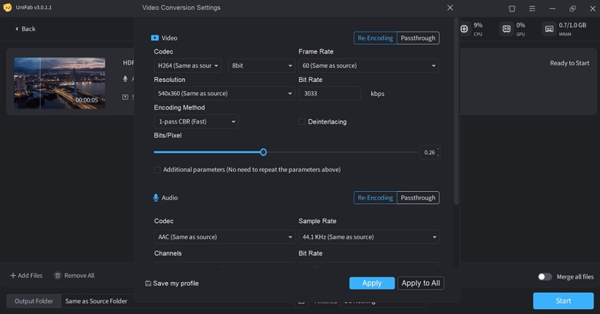 unifab conversion setting screen