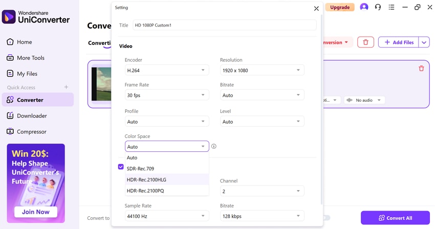 uniconverter video color space setting screen