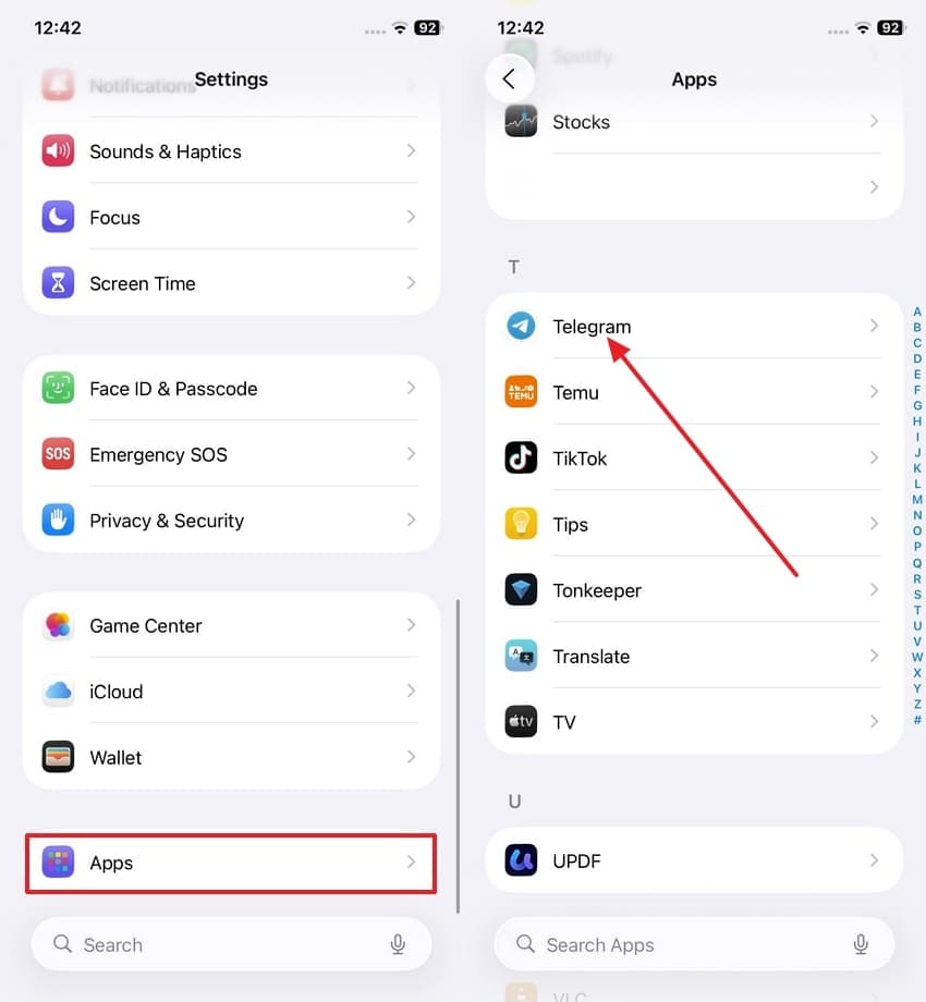 access apps option to choose telegram
