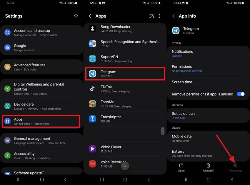 force stop telegram android and restart