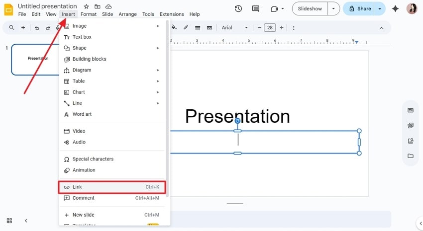 access link option google slides