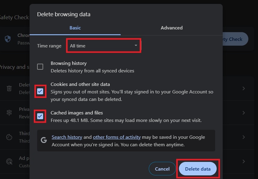 clear browser cookies and cached images