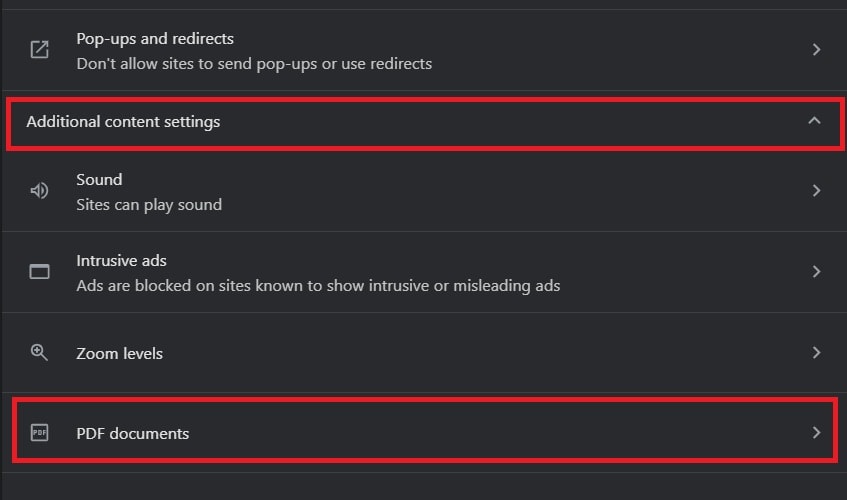 pdf documents settings