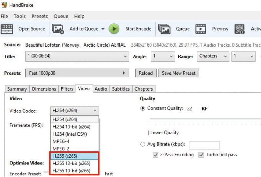 handbrake video codec setting