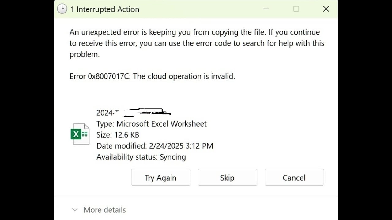 0x8007017c onedrive error