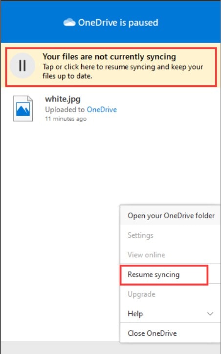 resume syncing onedrive