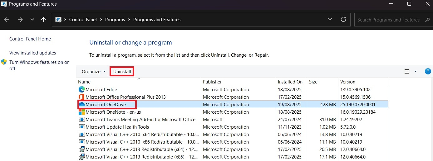 uninstall miscrosoft onedrive