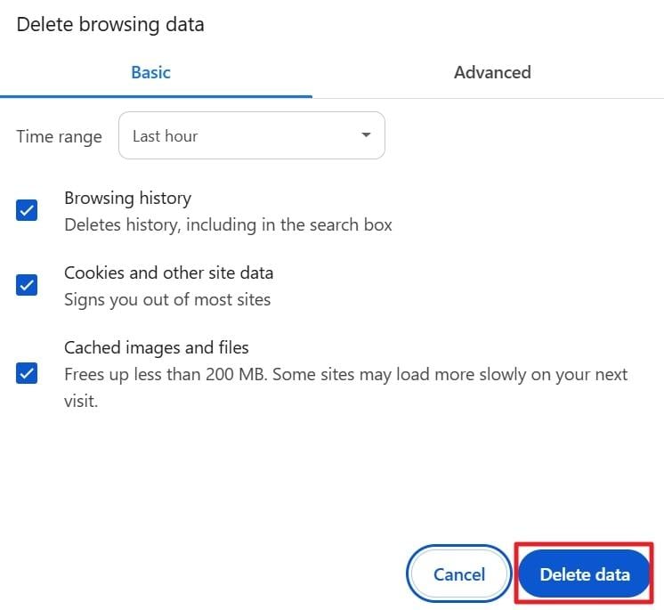 delete data option for browser