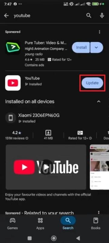 update youtube app on android