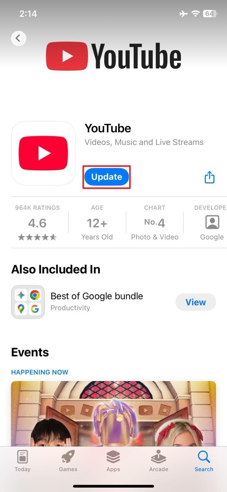 tap update youtube on iphone