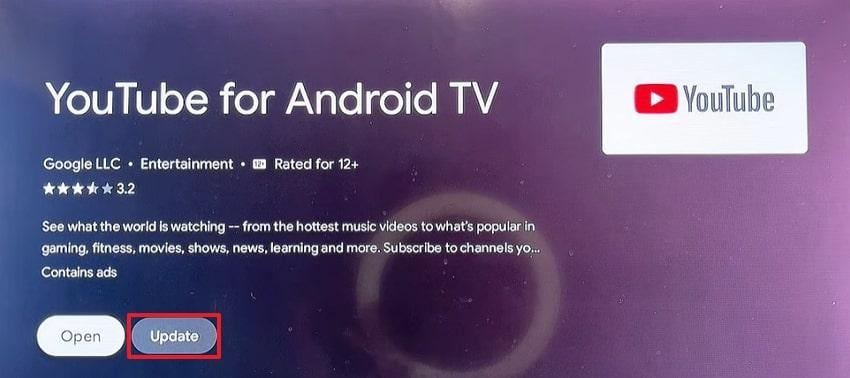 press update youtube on tv