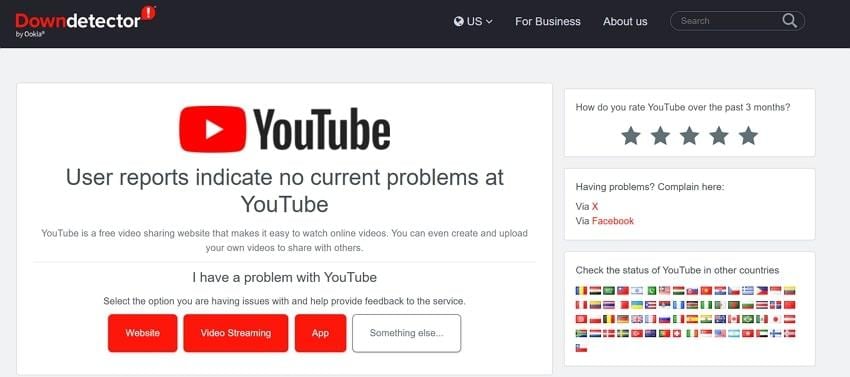 downdetector webpage for youtube glitch