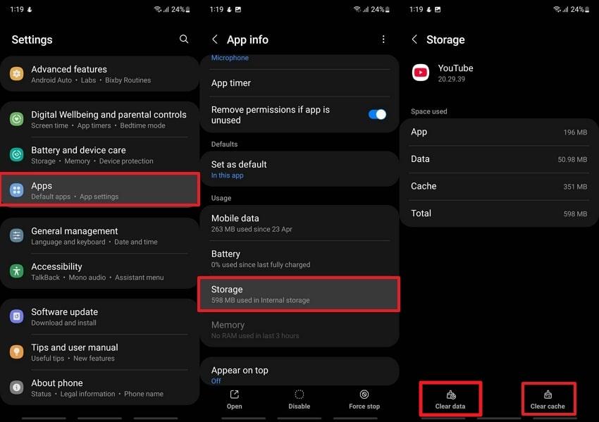 clear cache on android for youtube