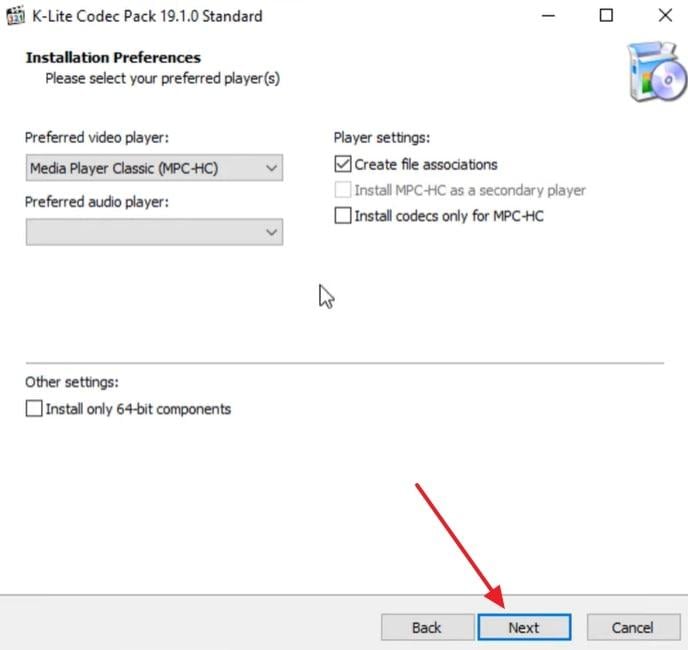 installation preferences window of k lite