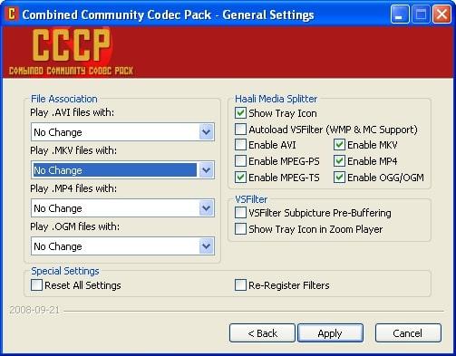 cccp mkv file setup window