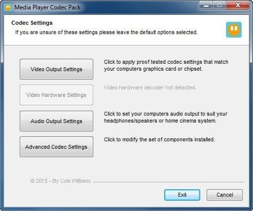 codec setting window for media player