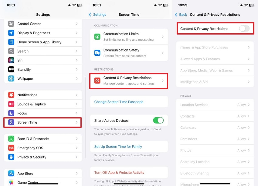 disable content and privacy restrictions