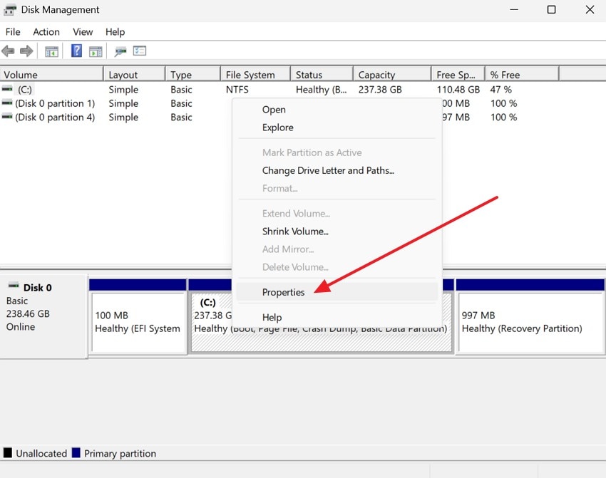 pick the properties option