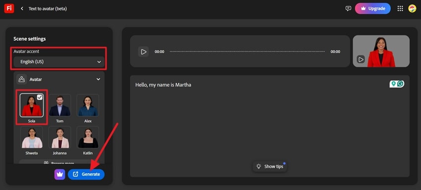 choose avatar accent and generate