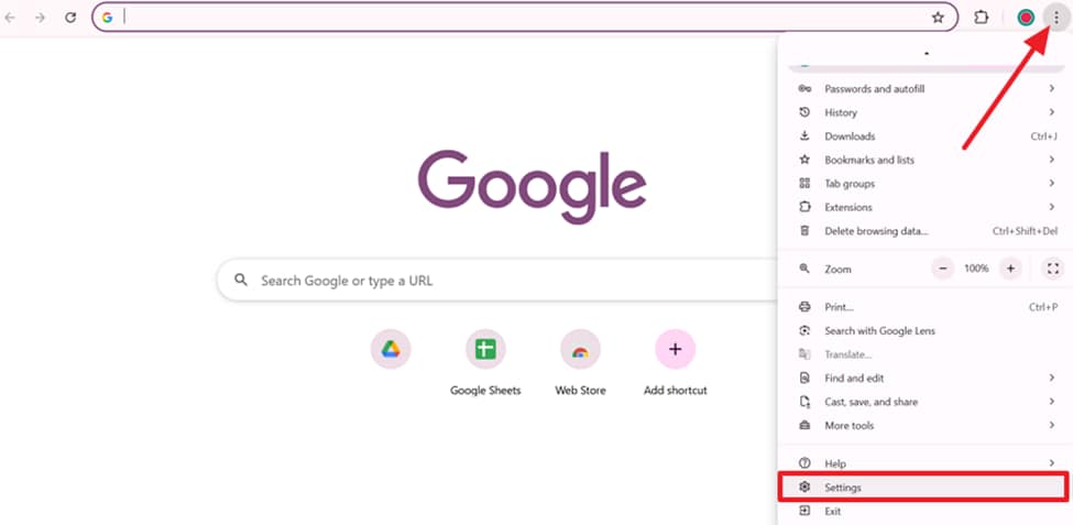 open browser settings option