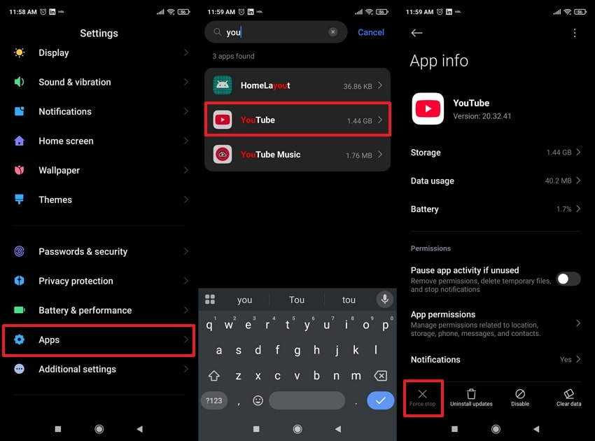 force stop youtube on android