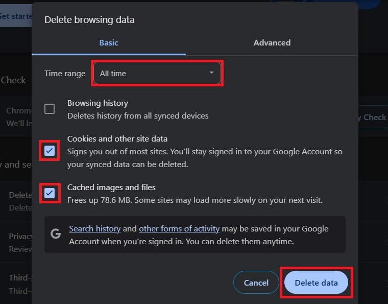 delete all time browser cookies and cached data