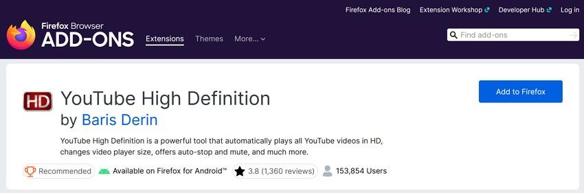 youtube high defination extension