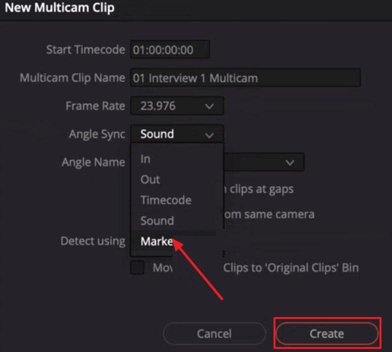 select marker option from audio sync