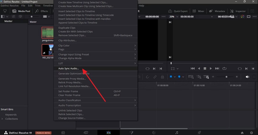davinci choose auto sync audio function