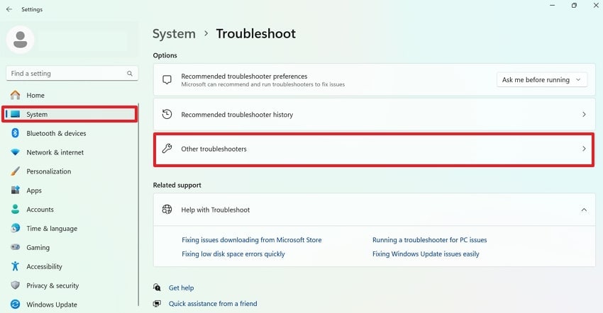 open windows setting for troubleshooting