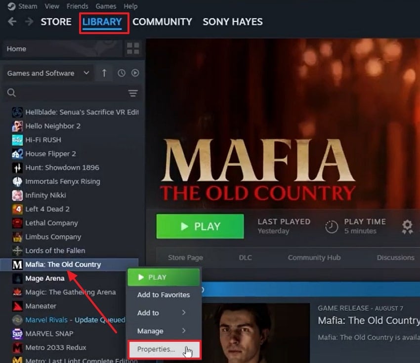 open game properties on steam