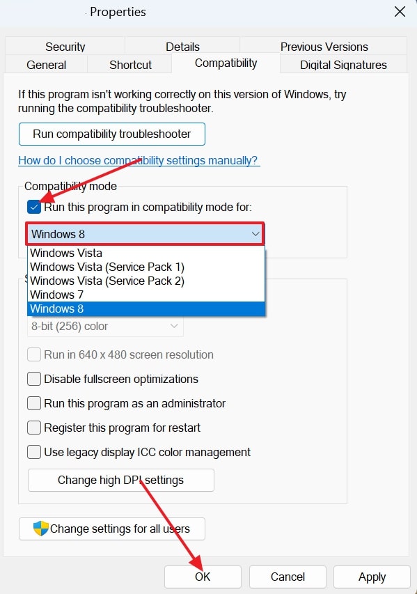 enable run program on compatibility mode