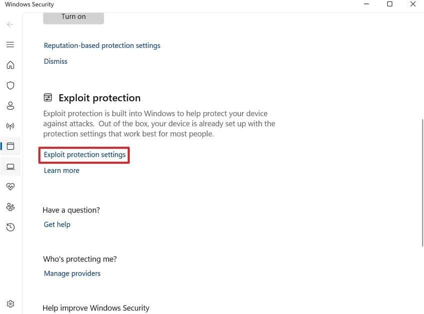 choose exploit protection settings
