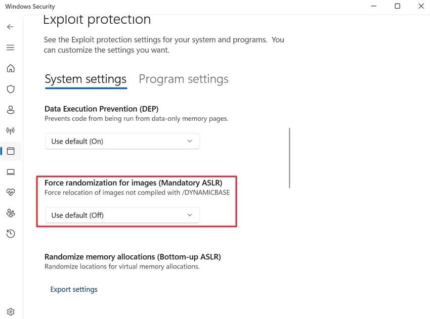 disable ASLR setting