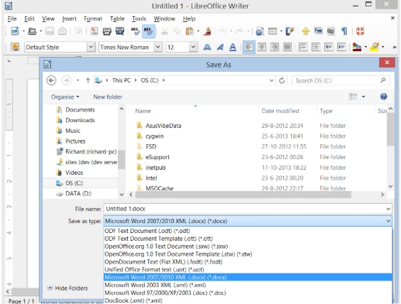 libre office odt to word