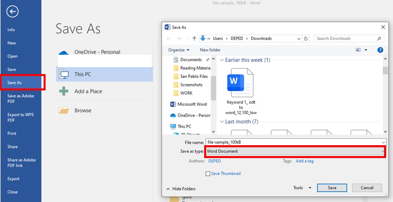 word save as and select word document