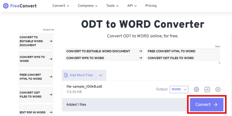 freeconvert start converting odt file