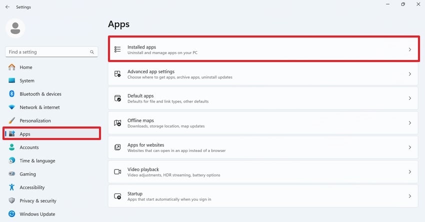 access installed apps option
