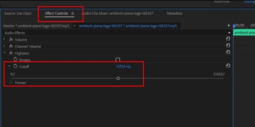 set cutoff frequency slider