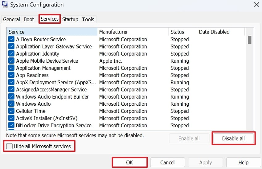 mark and hide all microsoft services