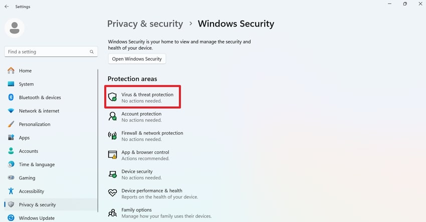 choose virus and threat protection option