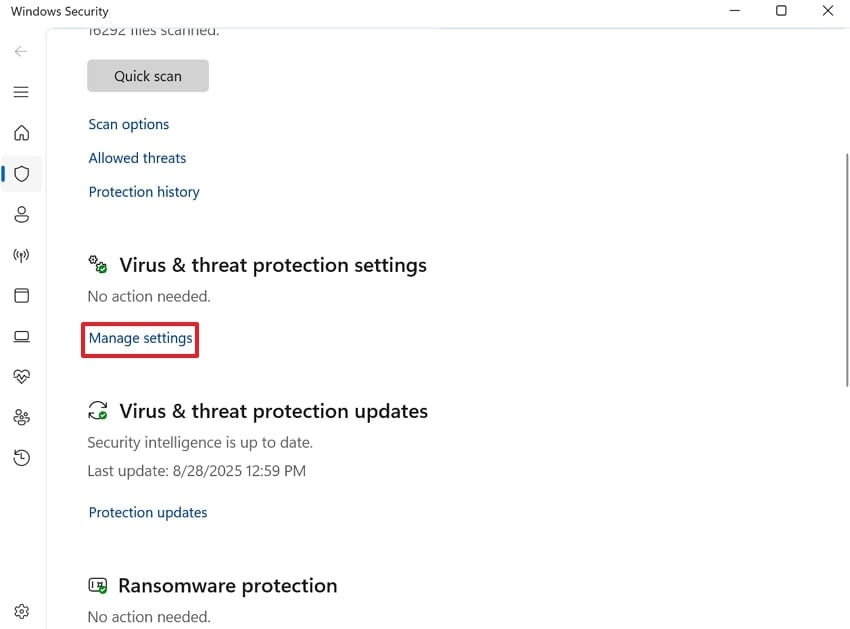 select manage settings option
